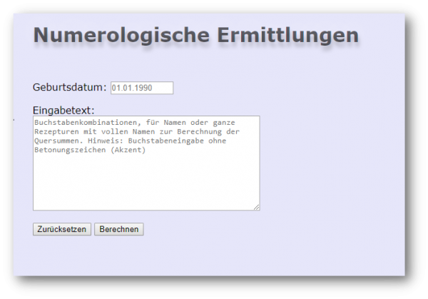 Programm Numerologische Ermittlungen Geburtsdatum und Namen oder Texte